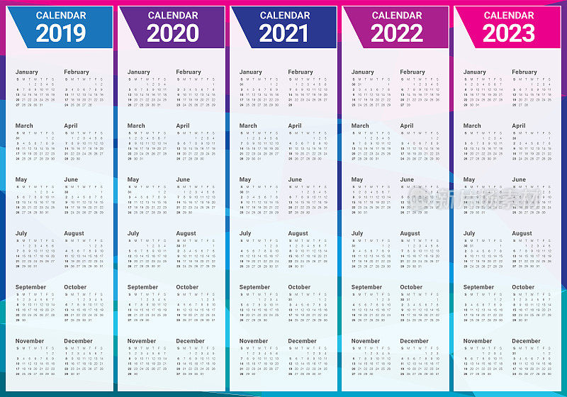 年2019 2020 2021 2022 2023日历矢量设计模板